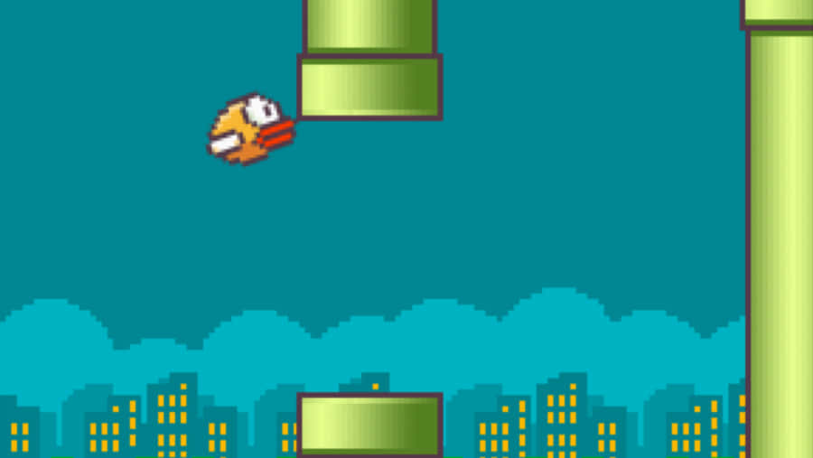 Screenshot of Flappy Bird gameplay showing the bird navigating between green pipes.
